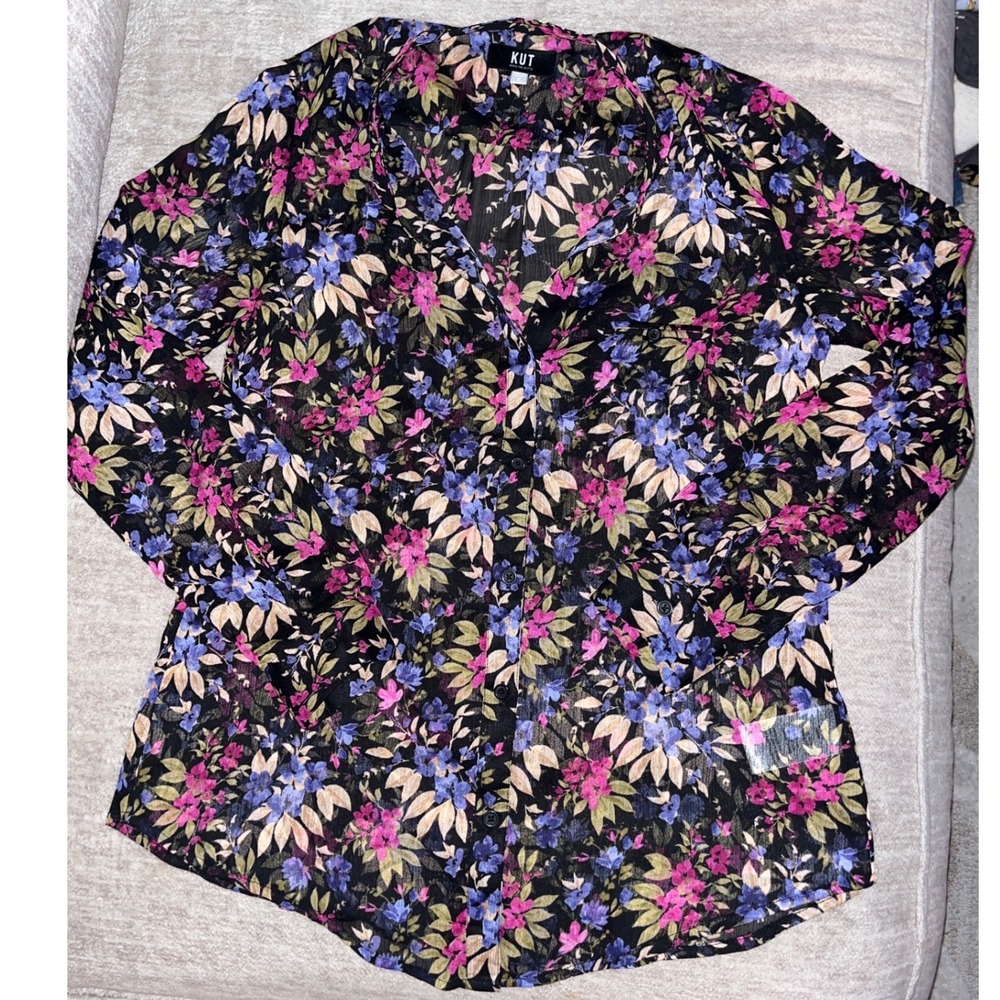 KUT from the Kloth Floral Sheer Button Down Roll Tab Blouse Black Purple Small - Picture 3 of 6